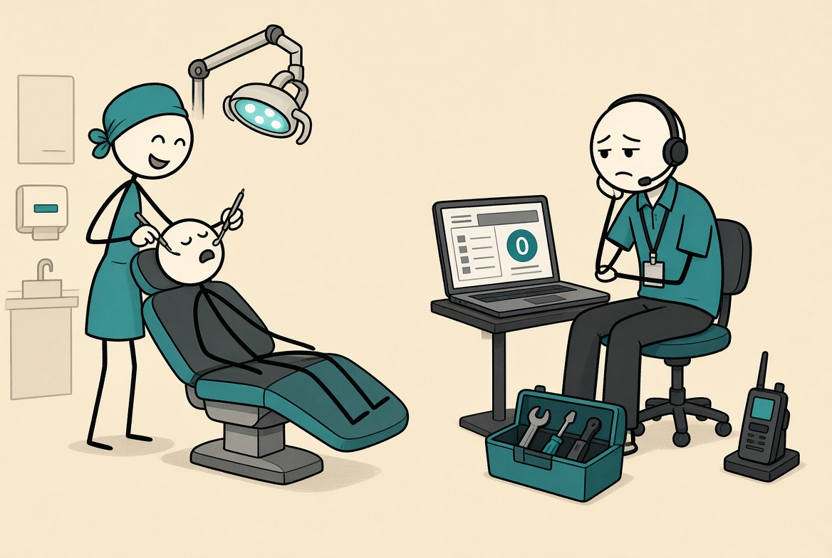 Quiet practice office: staff at work while monitoring already shows a healthy check