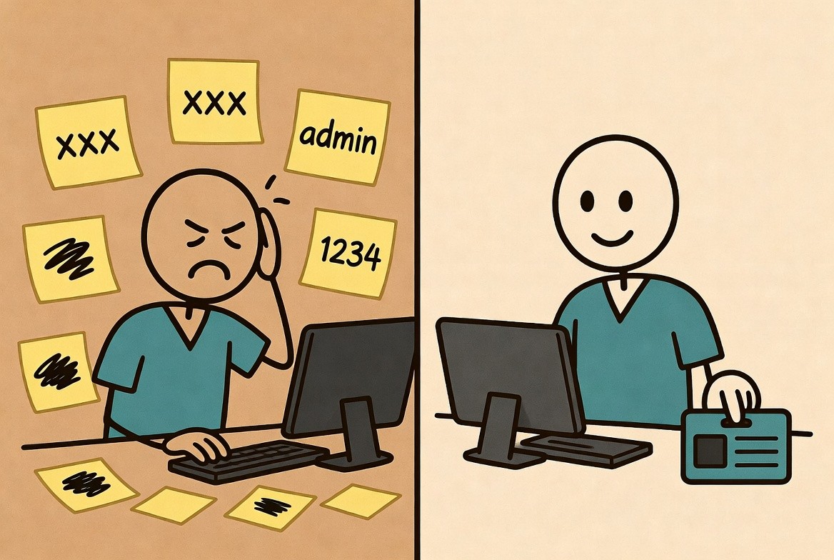 Sticky note password chaos vs clean badge login